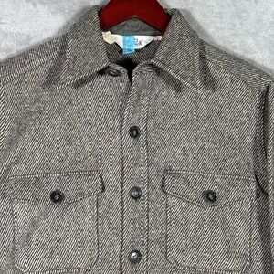 Woolrich Jacket Mens L Gray Wool Herringbone Tweed CPO Shirt Jacket *FLAWS